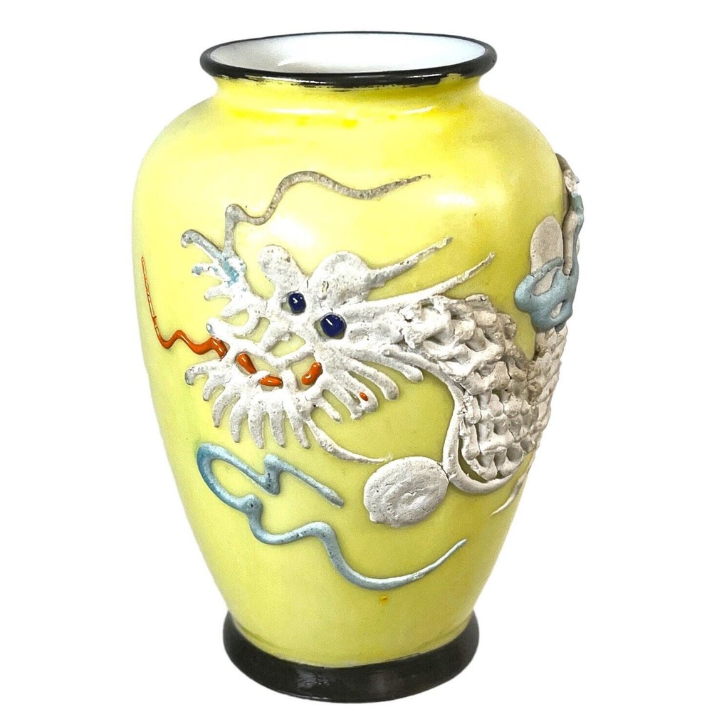 Moriage Dragon Ware Porcelain Vase Vintage Japan Yellow 3 3/4”
